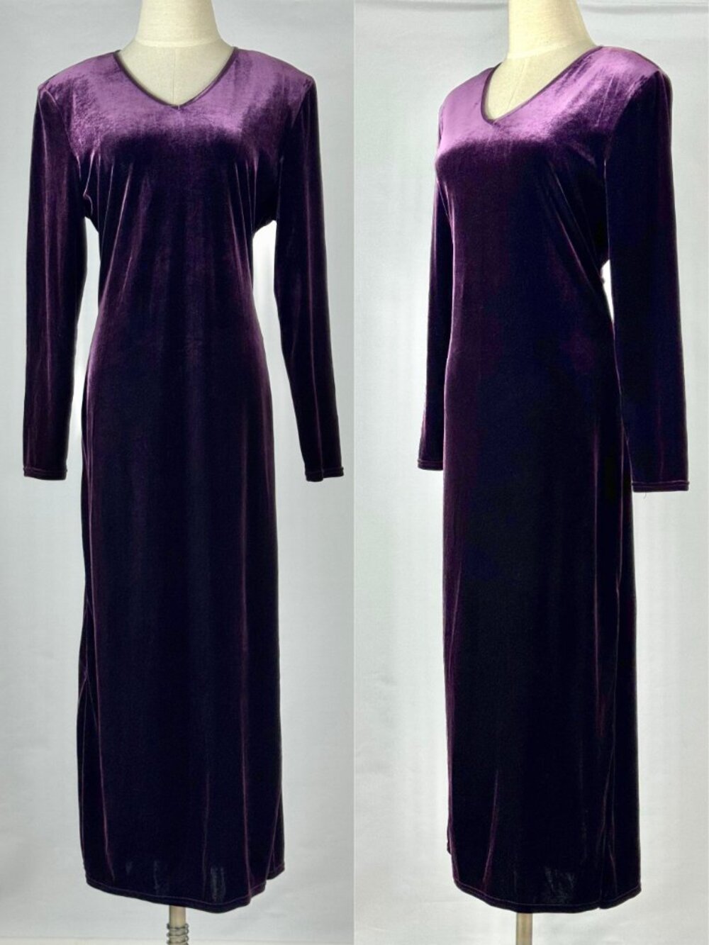 Vtg 90s Purple Velvet Maxi Dress V-Neck Stretch Whimsigoth Witchy Medieval Goth